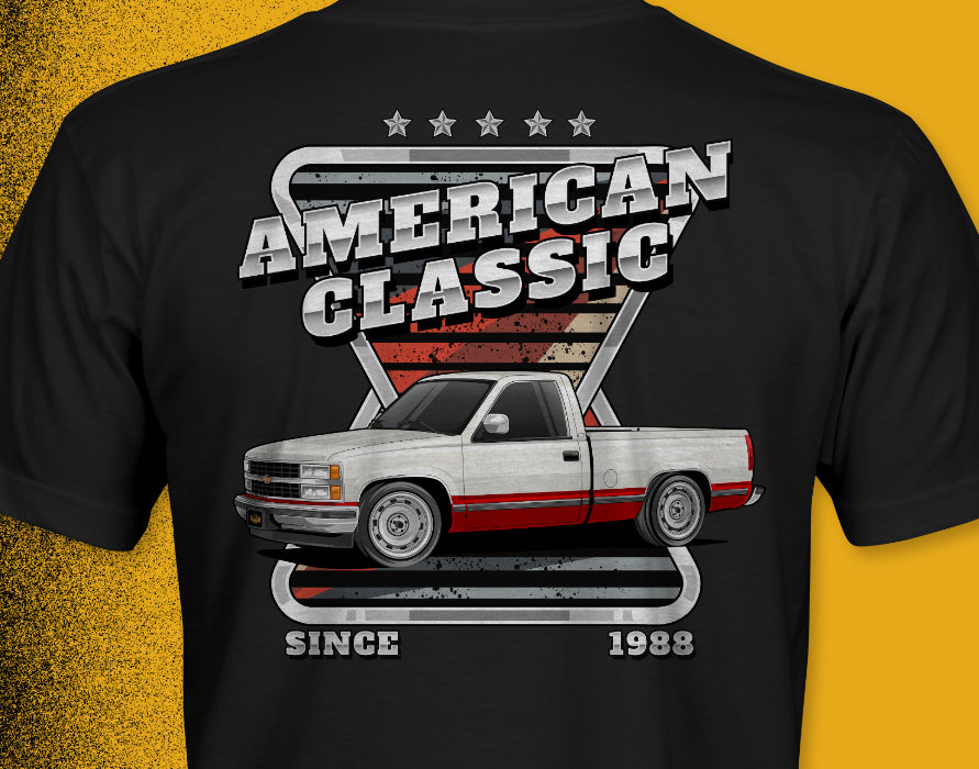 American Classic OBS '88-98 C1500 Lowered Silver/Maroon Single Cab Signature Series Unisex T-Shirt | Chevrolet, GMC