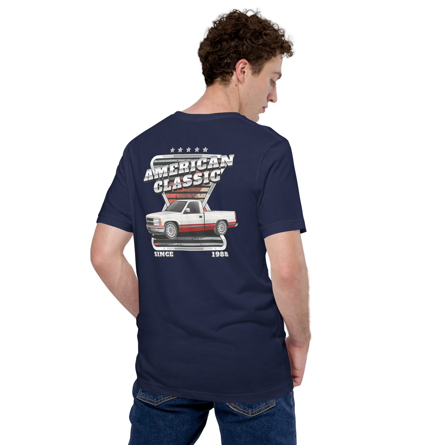 American Classic OBS '88-98 C1500 Lowered Silver/Maroon Single Cab Signature Series Unisex T-Shirt | Chevrolet, GMC