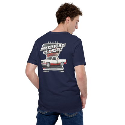 American Classic OBS '88-98 C1500 Lowered Silver/Maroon Single Cab Signature Series Unisex T-Shirt | Chevrolet, GMC